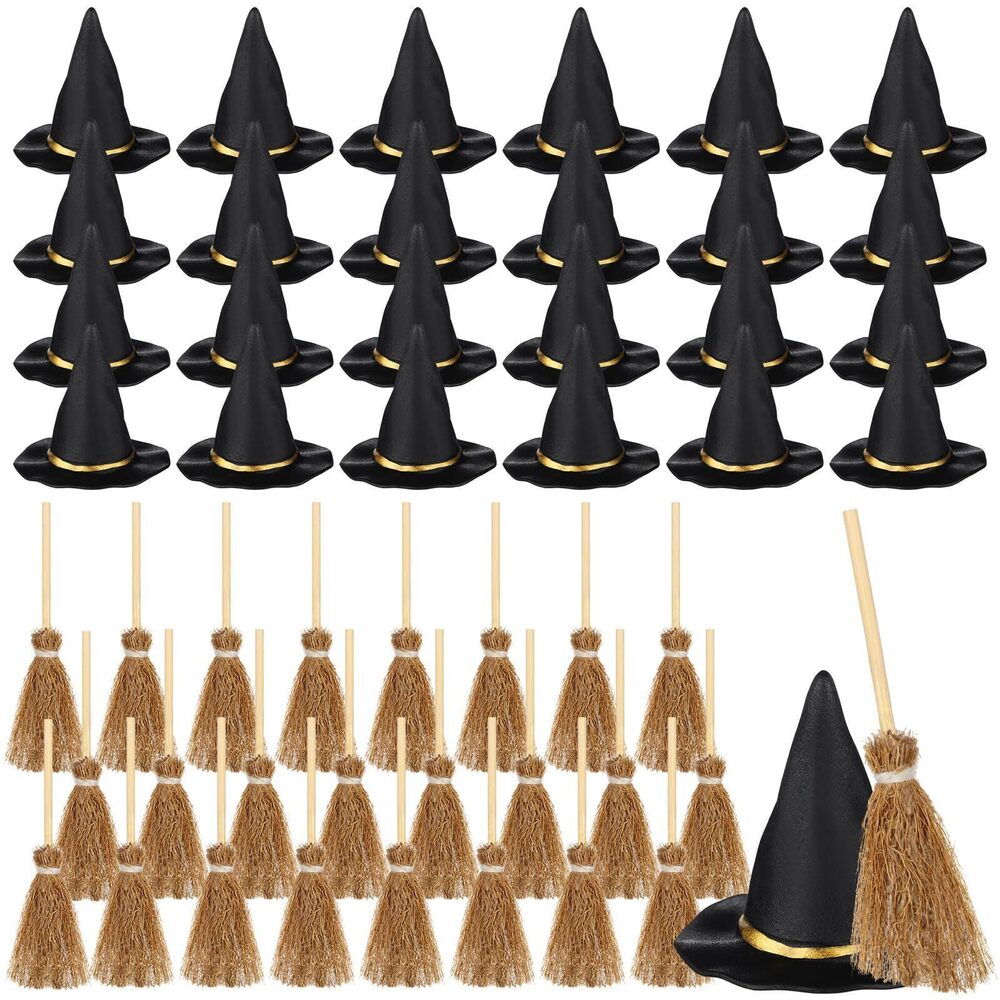 2499 48 Pcs Mini Witch Hats and Broom for Crafts Halloween Wizard